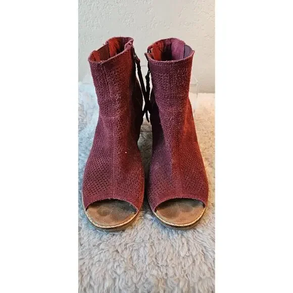 Toms Women's Majorca Peep Toe Zip-Up Booties Wine‎ Burgundy Size 8.5 - Picture 2 of 6